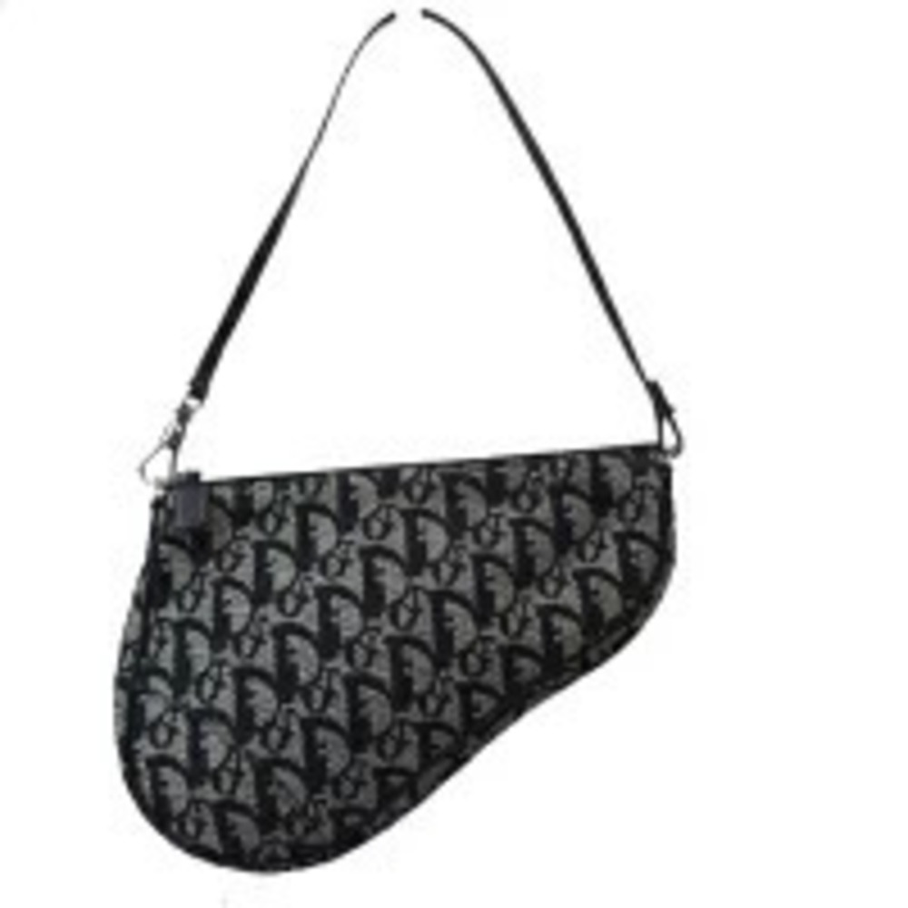 Christian Dior Trotter Saddle Bag Shoulder Black Canvas Leather